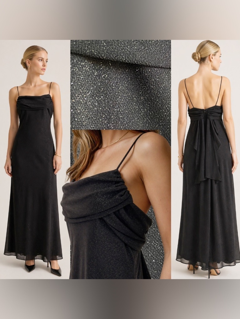 Betsy & Adam Glitter Black Maxi Dress Formal Draped Dark Romantic Whimsigoth 14